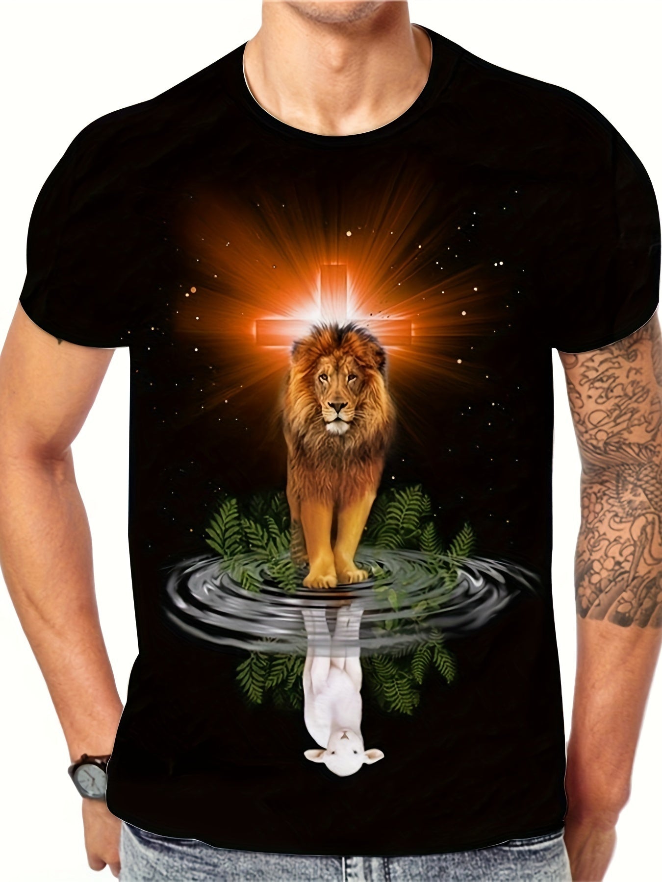 Lion Sheep Creative 3D Graphic Printed Men's Novel Short Sleeve Round Neck T-shirt, Summer Outdoor