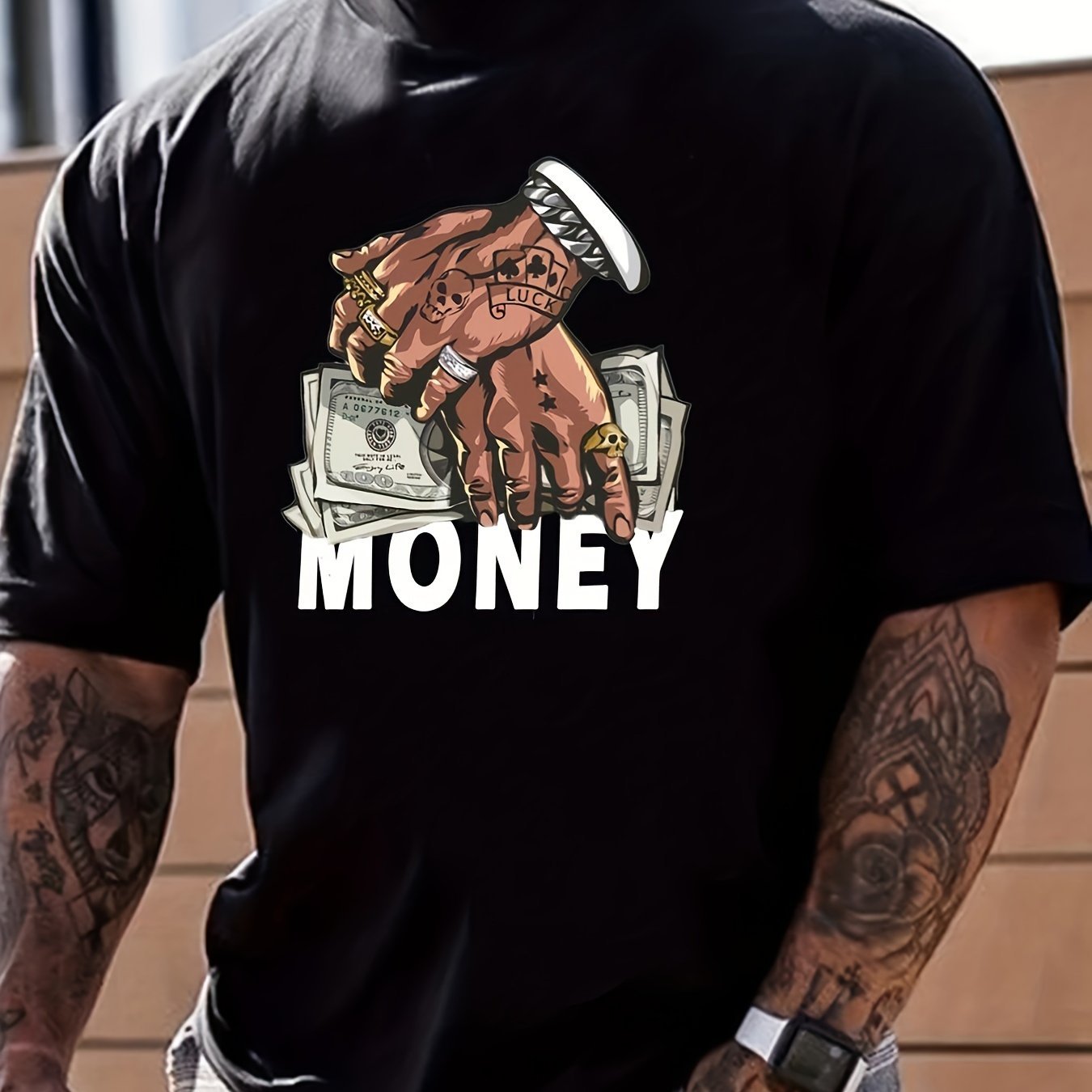 Cartoon Money And Hand Prints, Men's Graphic Design Round Neck Niche T-shirt, Summer Casual Comfortable T-shirt, Men's Top Daily Vacation Destination