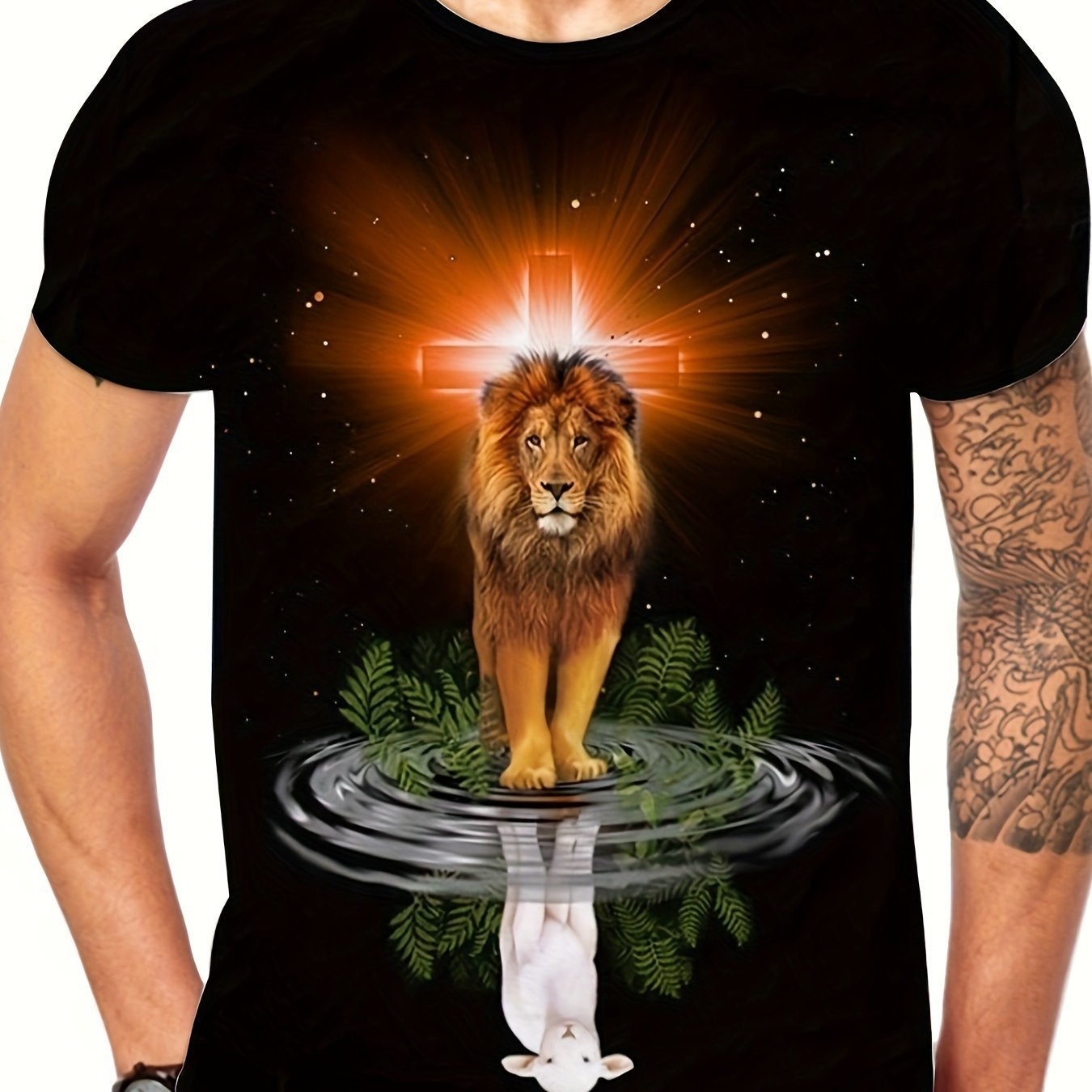 Lion Sheep Creative 3D Graphic Printed Men's Novel Short Sleeve Round Neck T-shirt, Summer Outdoor