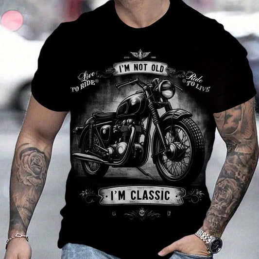 Men's 3D Digital Retro Style Motorcycle Pattern And I'm Not OLD I'm CLASS Printed Short Sleeved And Round Neck T-shirt, Fashionable Summer Top For Outdoor Activities