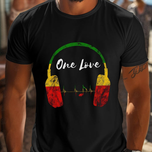 Headphones And Note Patterns With Letter Prints On ONE LOVE T-shirt, Round Neck And Short Sleeves, A Casual And Chic Top Suitable For Men's Outdoor Wear In Summer