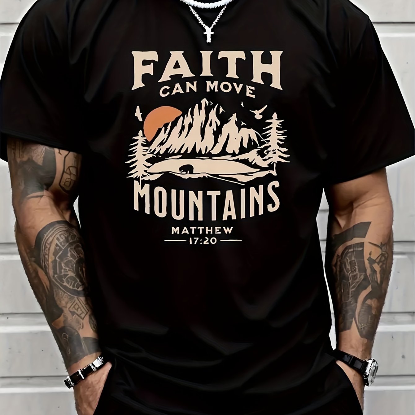 FAITH CAN MOVE MOUNDAINS Men's Round Neck Short Sleeved Cotton T-shirt With Letter Print, Casual Summer T-shirt, Suitable For Daily Wear And Vacation Destinations