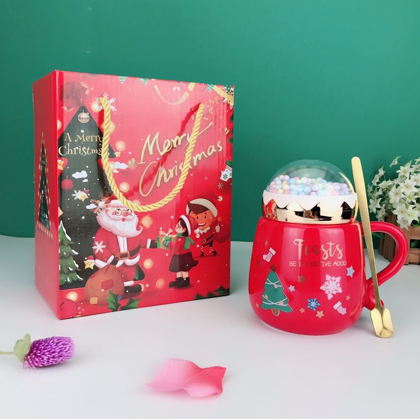 Christmas Mugs Set With Lid And Spoon Xmas Gift Box Set Ceramic Cartoon Couples Santa Claus Milk Cocoa Cup For Home Office