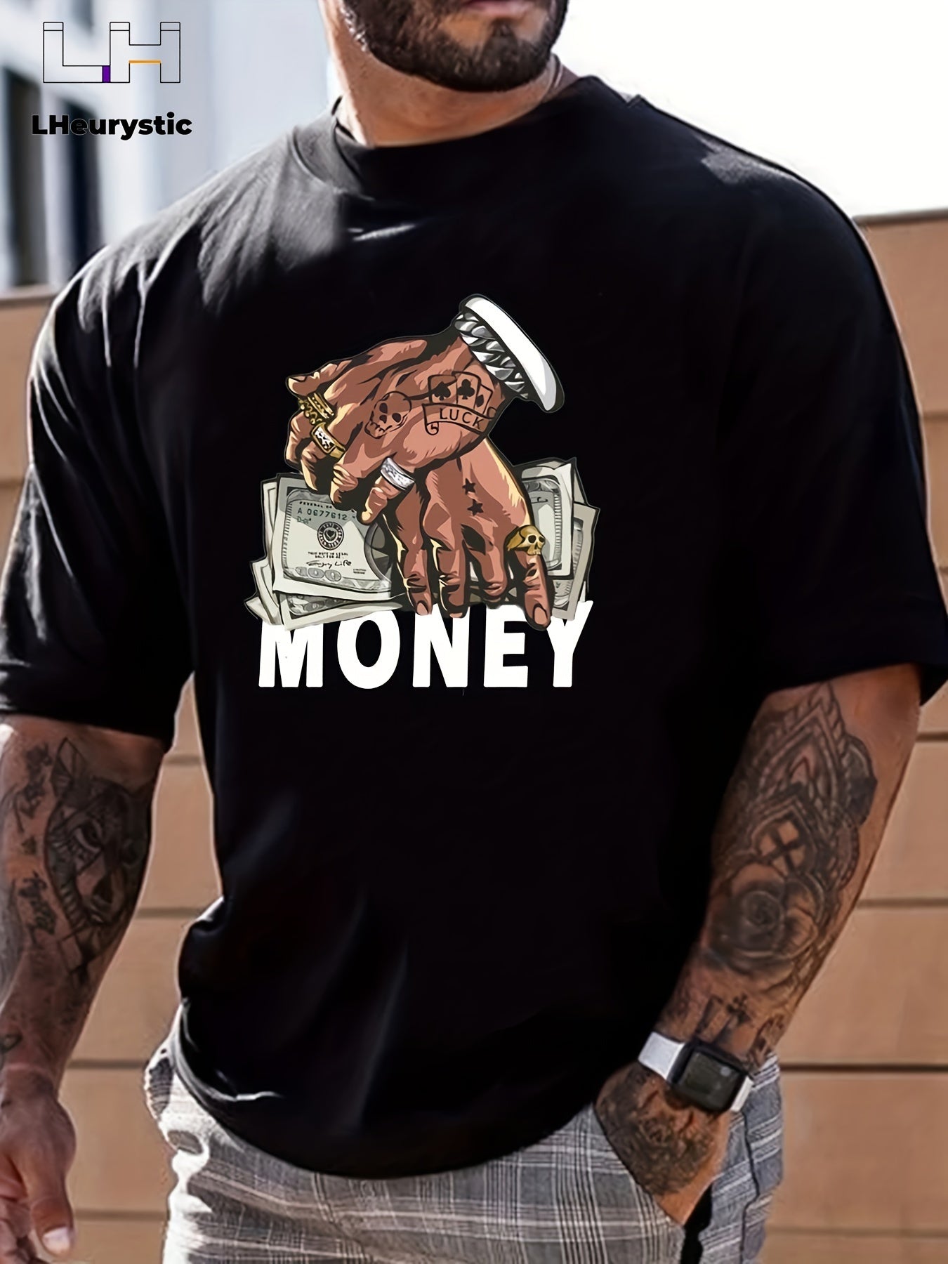 Cartoon Money And Hand Prints, Men's Graphic Design Round Neck Niche T-shirt, Summer Casual Comfortable T-shirt, Men's Top Daily Vacation Destination