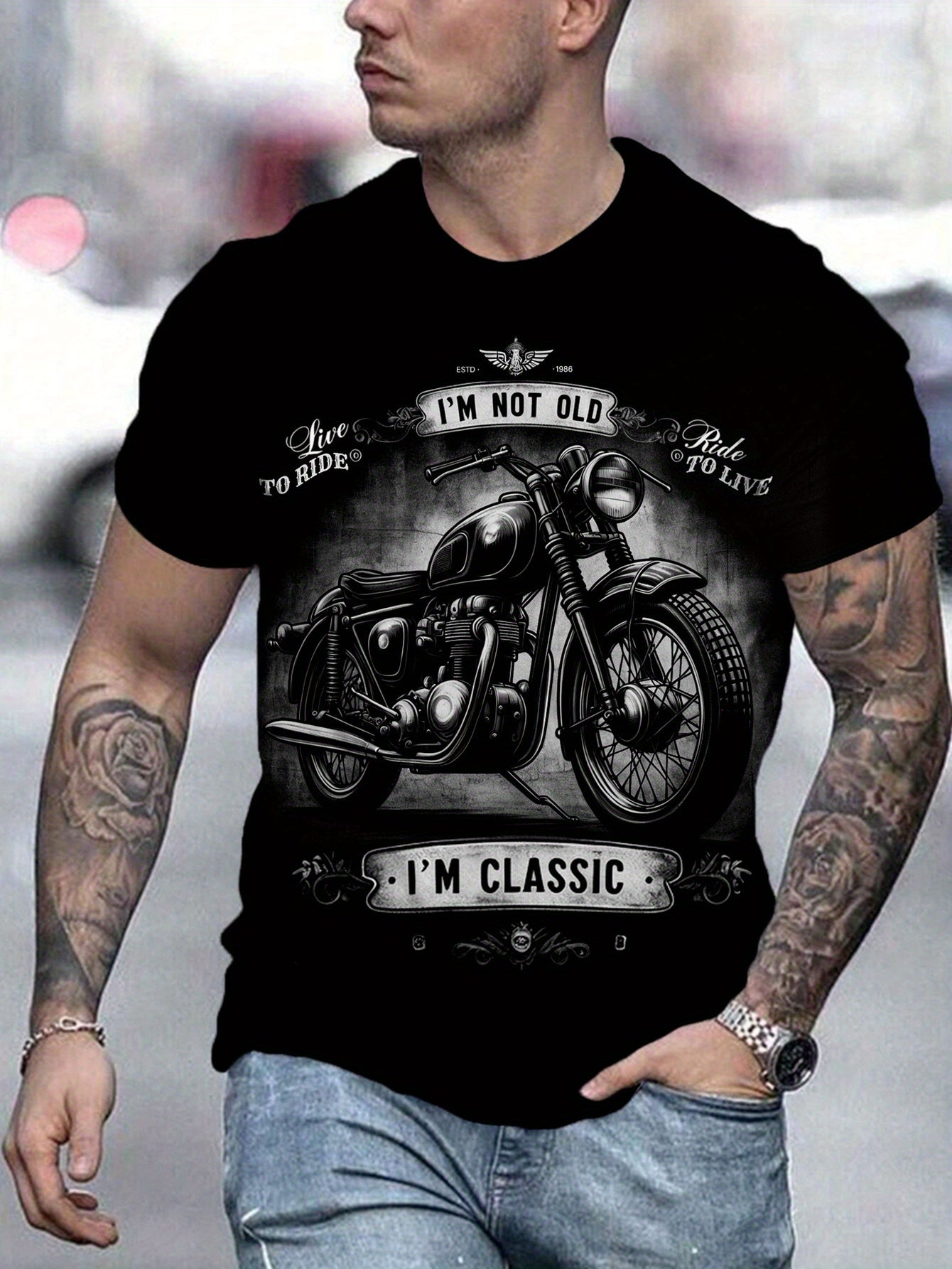 Men's 3D Digital Retro Style Motorcycle Pattern And I'm Not OLD I'm CLASS Printed Short Sleeved And Round Neck T-shirt, Fashionable Summer Top For Outdoor Activities