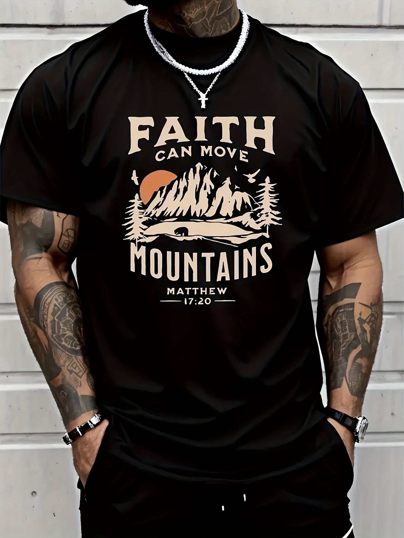 FAITH CAN MOVE MOUNDAINS Men's Round Neck Short Sleeved Cotton T-shirt With Letter Print, Casual Summer T-shirt, Suitable For Daily Wear And Vacation Destinations