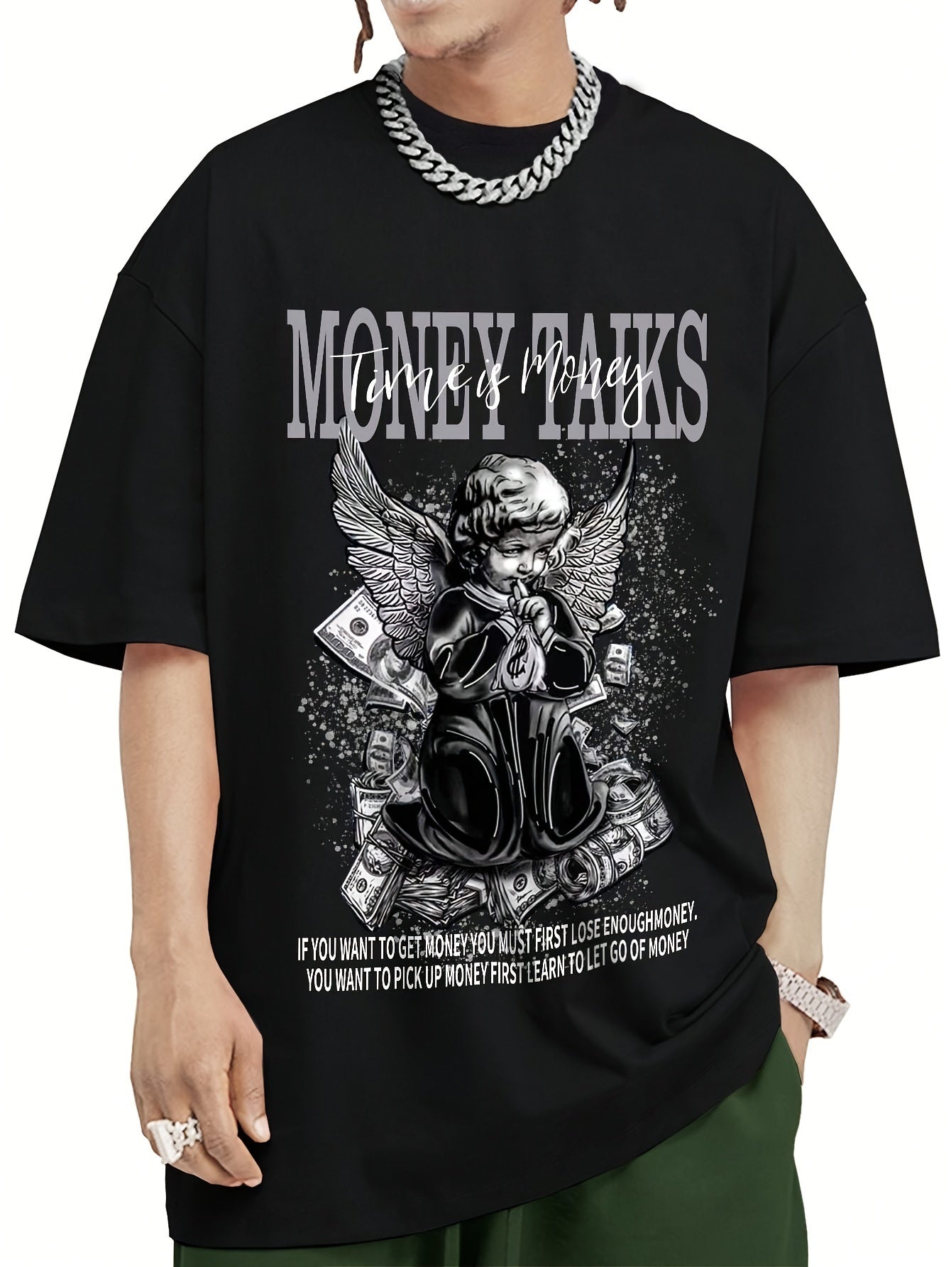 MONEY TALKS Manga Graphic Pattern Men's Street Style Short Sleeve Round Neck T-shirt, Summer Outdoor