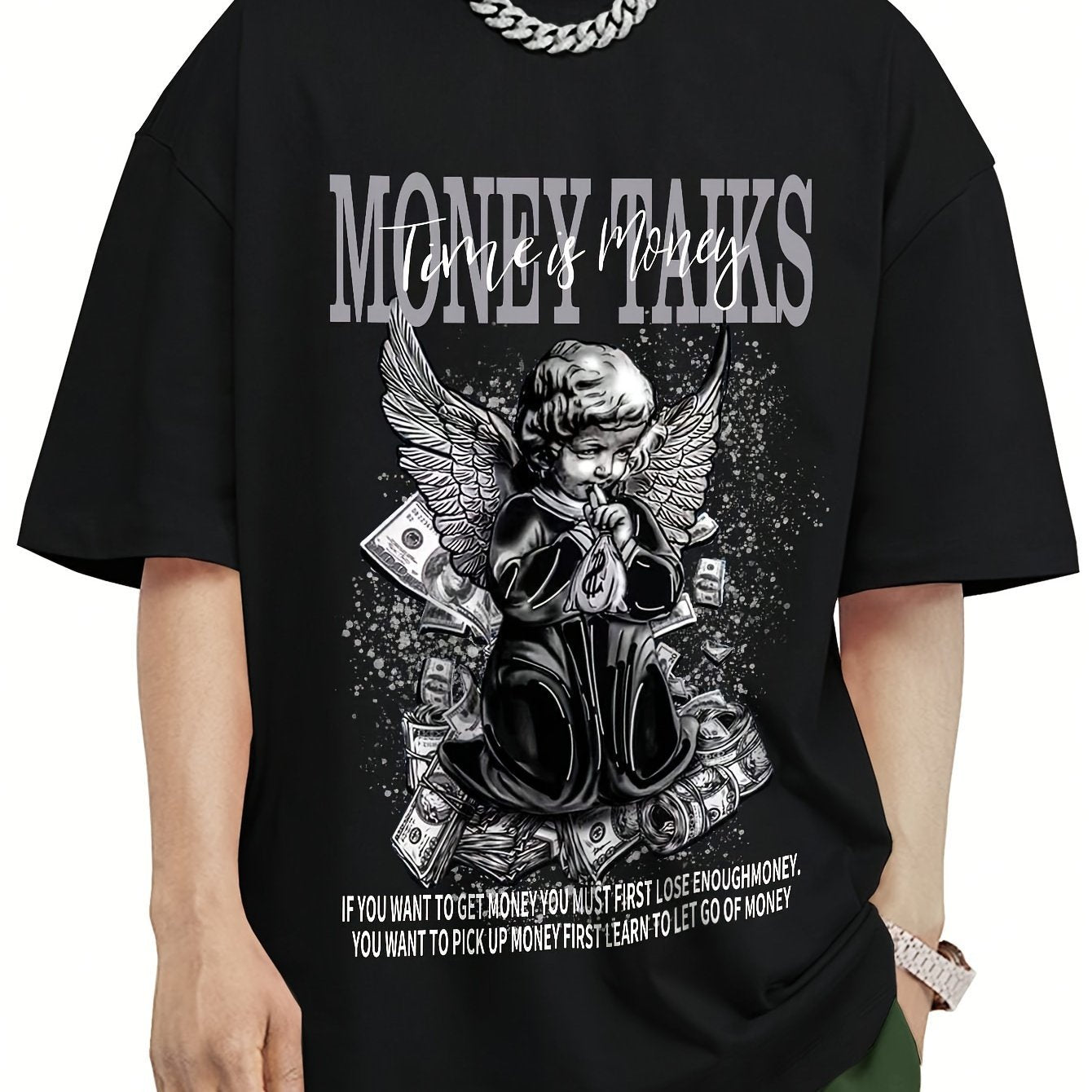 MONEY TALKS Manga Graphic Pattern Men's Street Style Short Sleeve Round Neck T-shirt, Summer Outdoor